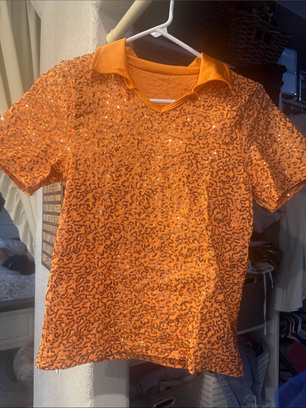 Weissman Orange Sequin Short Sleeve Top